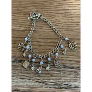 Gold Tone Charm Bracelet Hearts Stars Beads Cute Delicate Toggle Clasp